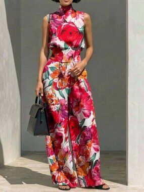 Pink Red Floral Mock Neck Sleeveless Wide Leg Two Piece with Pockets